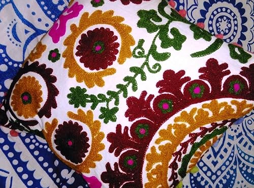 Miniatura 3 de INDACORIFY Suzani - Funda de cojín india con pompones de 16 x 16 pulgadas, funda de almohada decorativa bordada, cojines de algodón para exteriores,