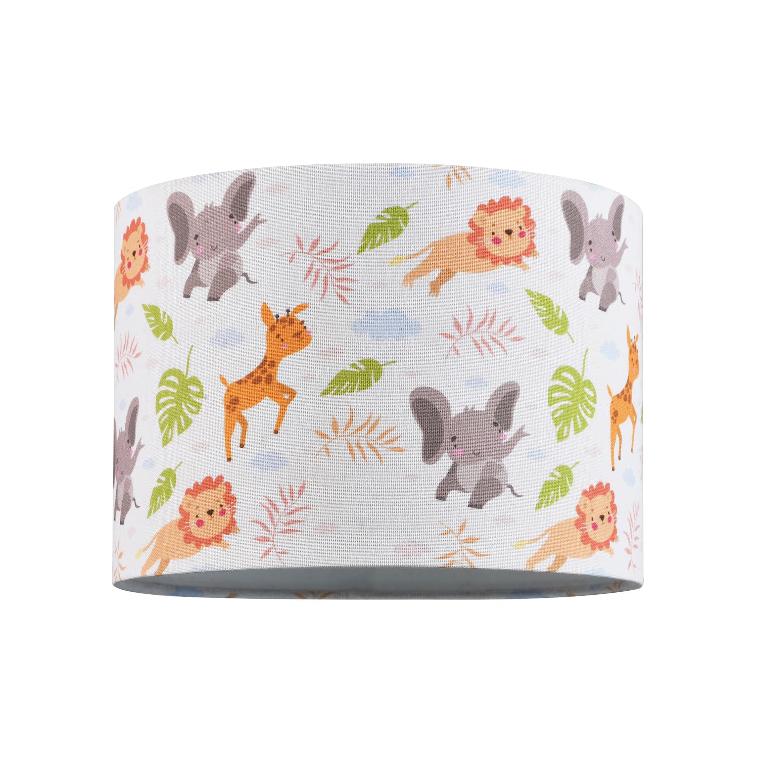 Jungle Animals Childrens Textured Linen Fabric Lamp Shade - Elephants Lions and Giraffes | 25cm Diameter | 60w Maximum | Inner Cotton Lining by Happy Homewares