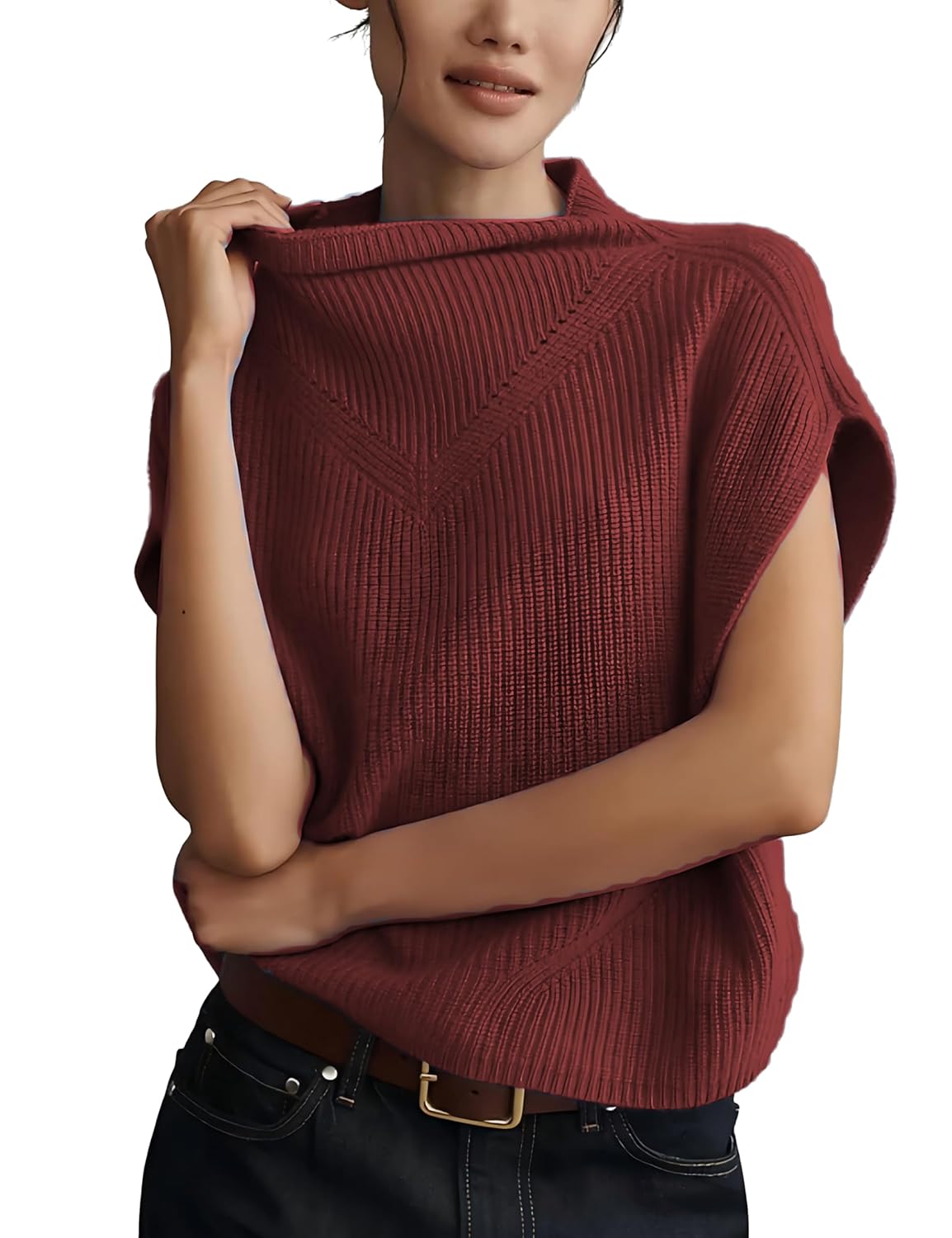 Womens Knit Sweater Vest Mock Neck Sleeveless Pullover Oversized Ribbed Knit Layering Top for Fall Winter