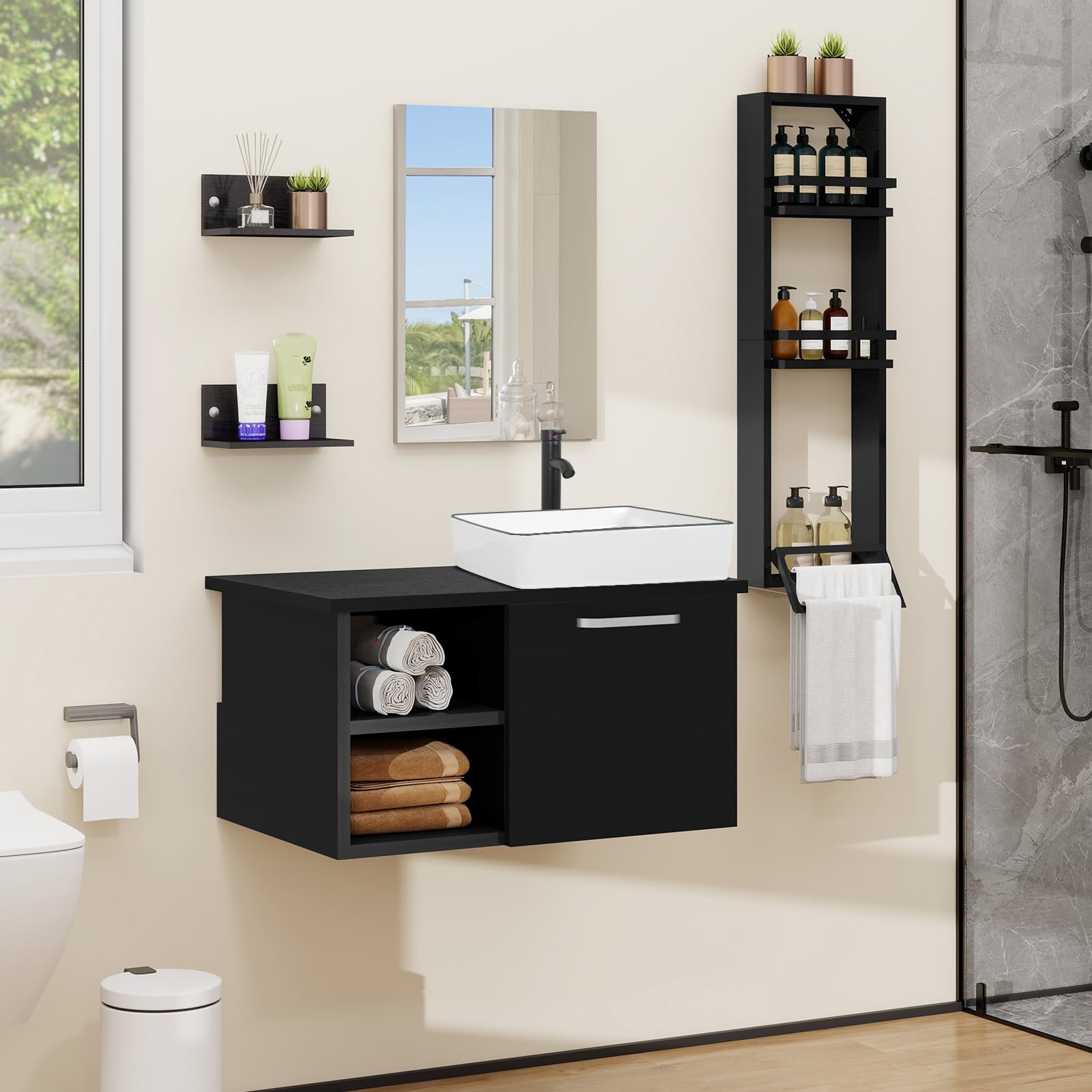 YU YUSING Set di Mobili da Bagno con Lavabo, Specchio, Portasciugamani, Arredo Bagno Completo, Mobile Lavandino Bagni da 71cm, Mensola Doccia 3 Ripiani, 2 Ripiani Muro, Set Rubinetti, Bianco