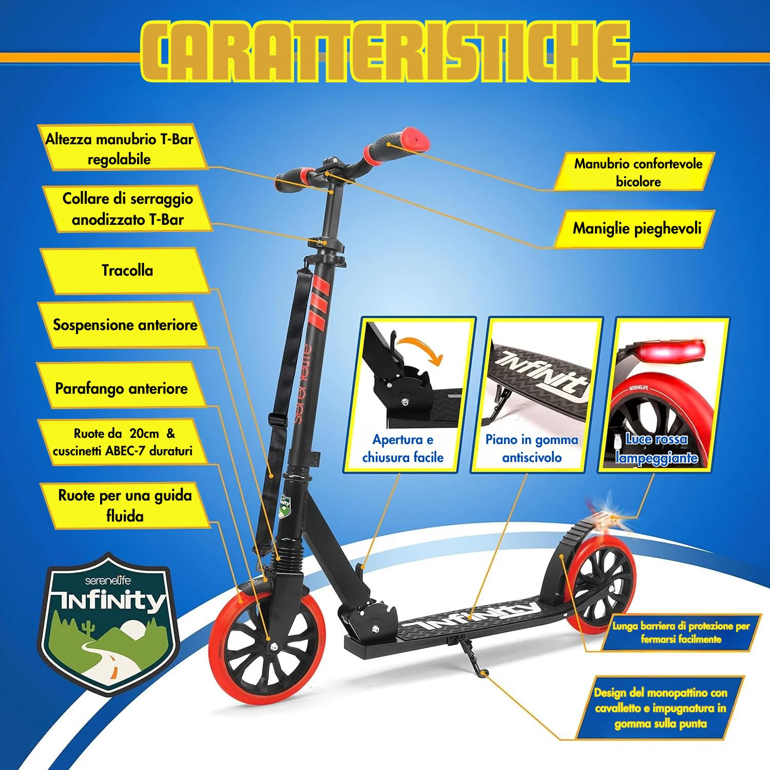 SereneLife Monopattino, Monopattino Bambini da 8 Anni, 2 Ruote con Manubrio Regolabile, Adulti e Adolescenti, Antiscivolo, Monopattino Pieghevole, Monopattino a Spinta e Portatile con Tracolla