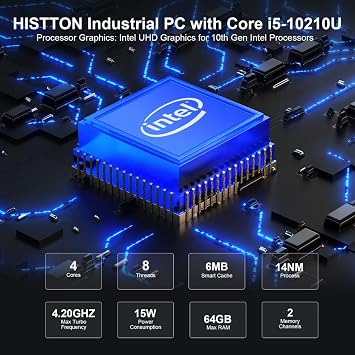 HISTTON Fanless Mini PC Core i5-10210U, 8GB RAM 256GB M2. SSD, 2 LAN, GPIO