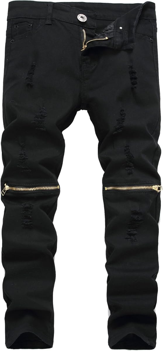 Boy's Slim Fit Skinny Ripped Distressed Zipper Jeans Pants with Holes