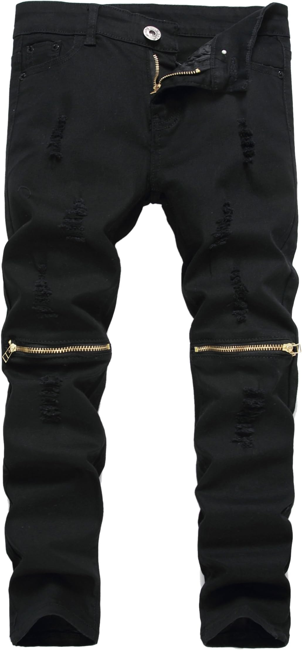 Boy's Slim Fit Skinny Ripped Distressed Zipper Jeans Pants with Holes