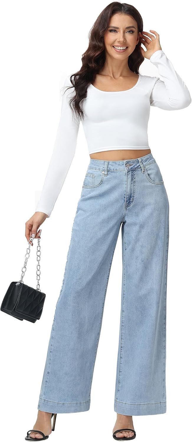 Foucome Women's Flare Jeans High Waisted Bell Bottom Jeans for Women Stretch Baggy Wide Leg Denim Pants