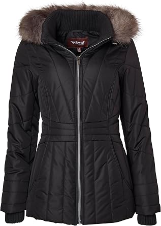 Sportoli Womens Winter Coat Faux Fur Trim Hooded Down Alternative Puffer Jacket