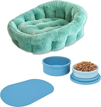 KindTail Portable Pet Bowls + Silicone Food Mat + Orthopedic Pet Bed - Set of 2 Travel Pet Bowls Custom-Fit to the Included Pet Feeding Mat, Plus a Soft Cuddler Bed - Large Set for Pets Up to 25 Lbs