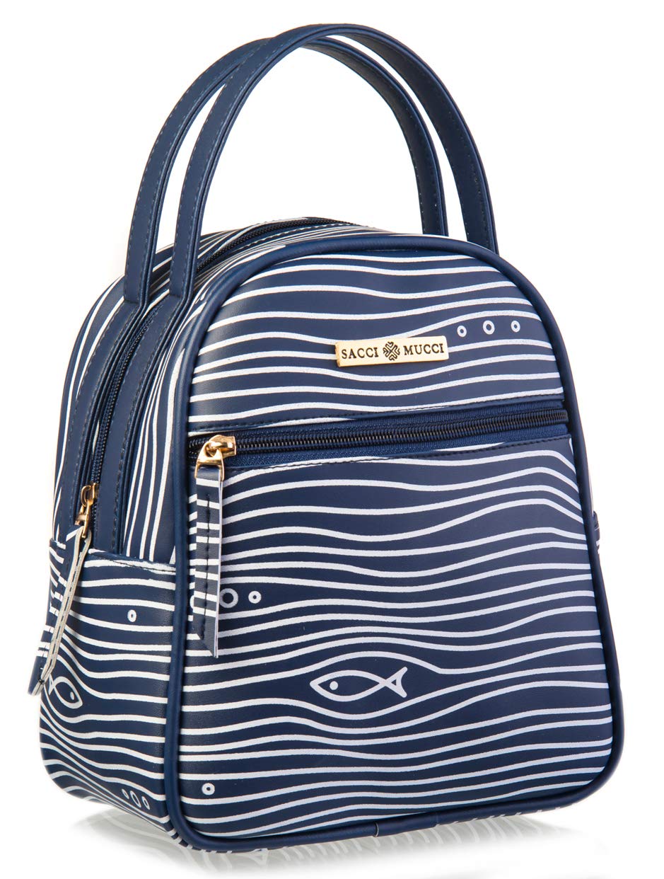 SACCI MUCCIMultipurpose Lunch Bag with Adjustable Strap a Perfect Office Bag for Women - Simple Fishes and Waves (Navy Blue)