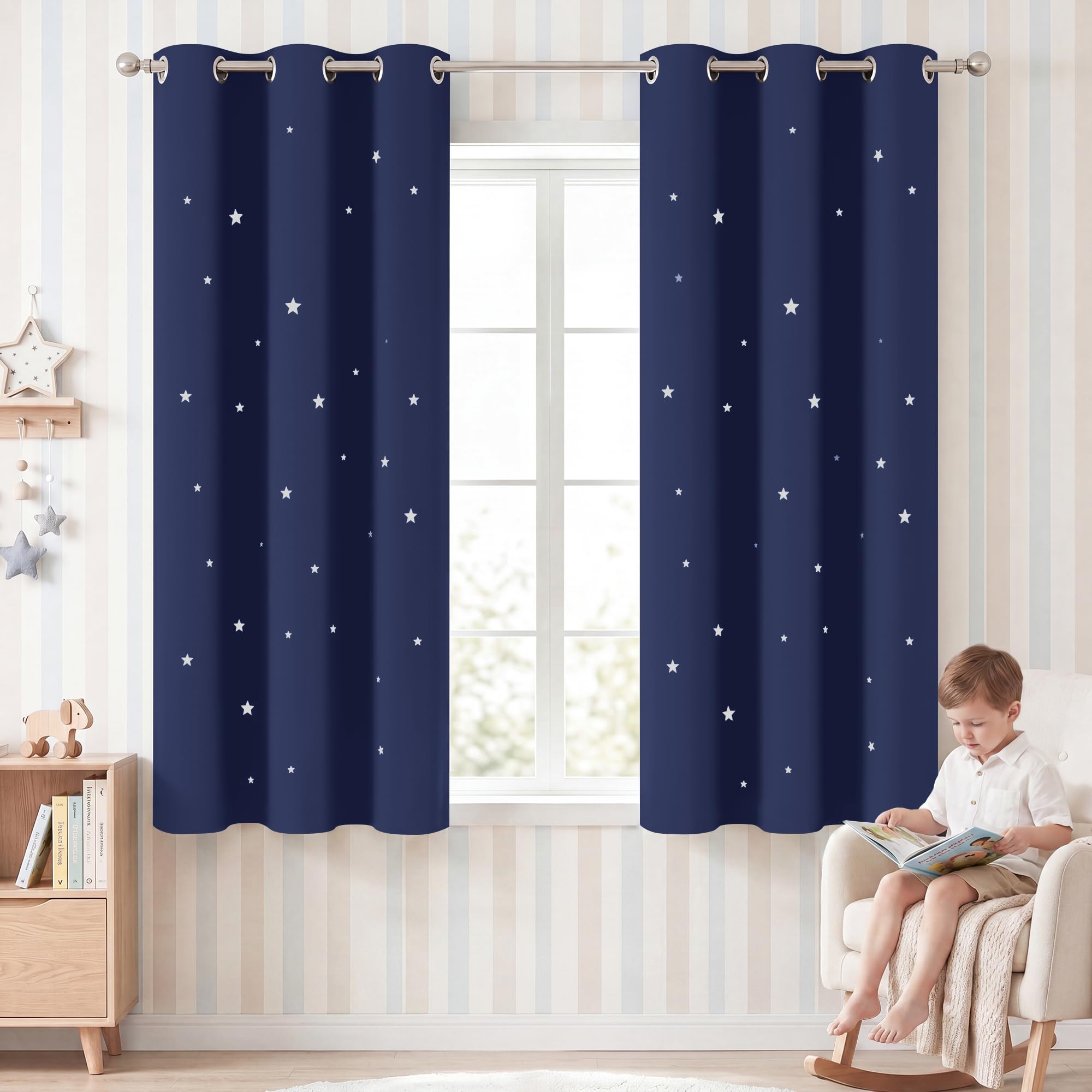 NICETOWN Star Cut Out Blackout Curtain for Kids, Navy Blue, 34x45, 2 Panels
