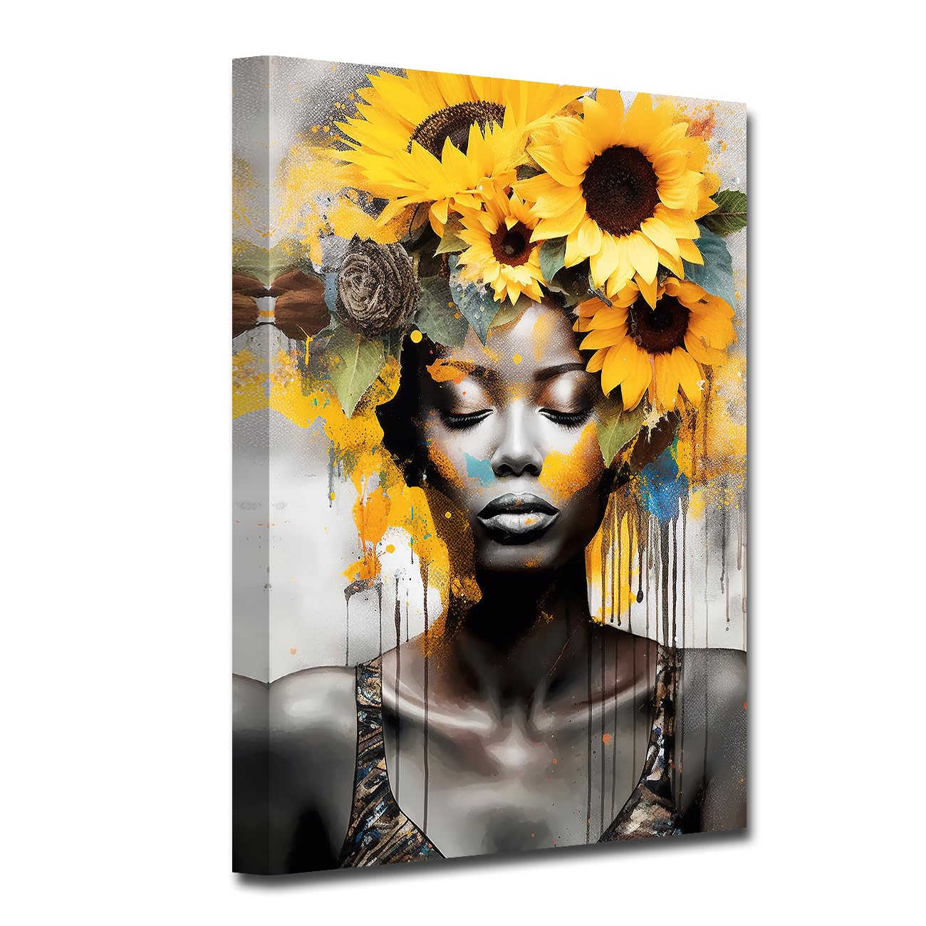 LMYSXAOZ African American Canvas Wall Art Abstract Black Woman Pictures Decor Vintage Girl Portrait Sunflower Posters Prints Home Framed (Woman-3, 20.00"x30.00")