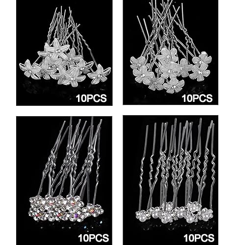 Miniatura 7 de BetterJonny - Horquillas para el pelo de boda (40 unidades) con diamantes de imitación, flores de perlas para el pelo, accesorios en forma de U,