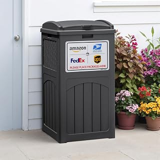 Greesum 33 Package Delivery Box for Outside, Patio Waterproof Resin Garbage Bin with Lid for Hideaway, Deck, Patio, Gray