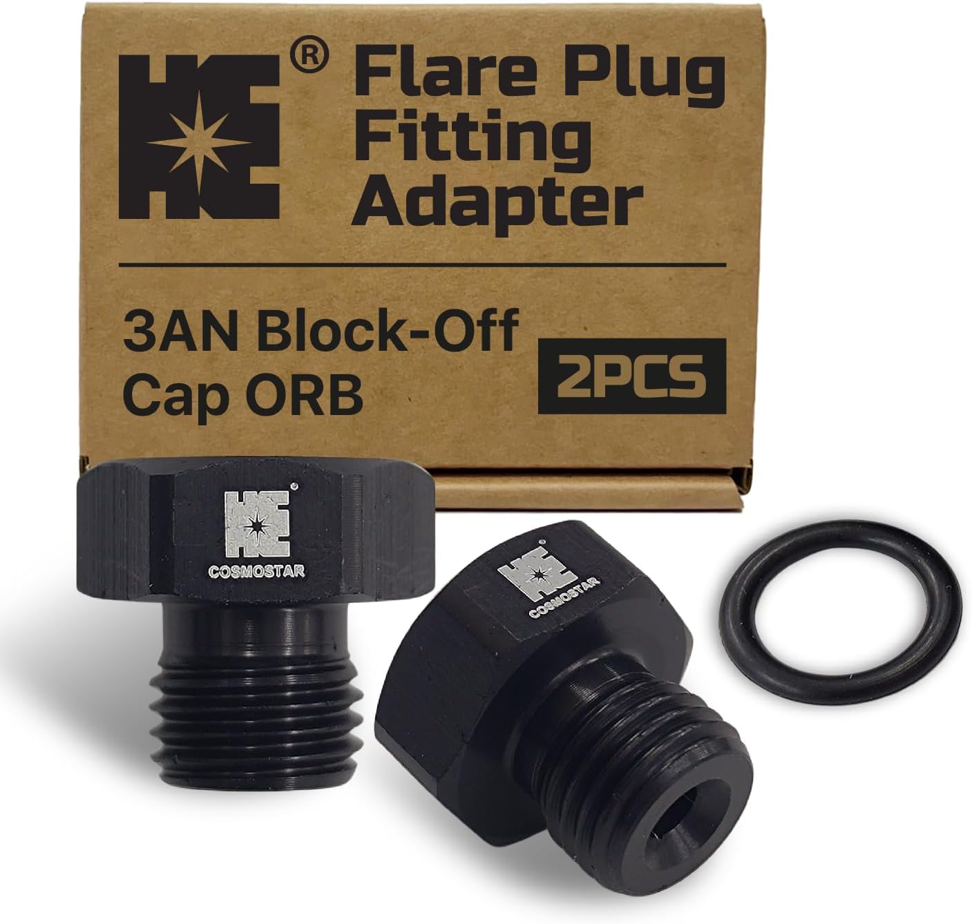 Cosmostar 8 AN Block-Off Cap ORB Plug Fitting Adapter – Aluminum Alloy, 3/4"-16 UNF Thread, O-Ring Seal, 1500 psi Working Pressure – 2-Pack (Includes 4 O-Rings)