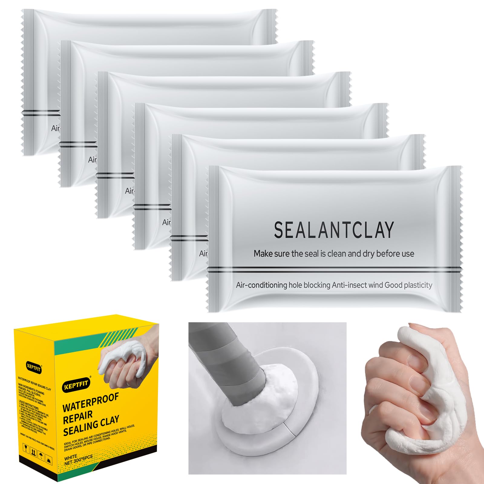 6-Pack New Type White Waterproof Sealant Mastic, Repair Sealing Clay, Quick Mending Mud for Drain Connection, Wall Hole, Air Conditioning Hole Waterproof Seal Putty