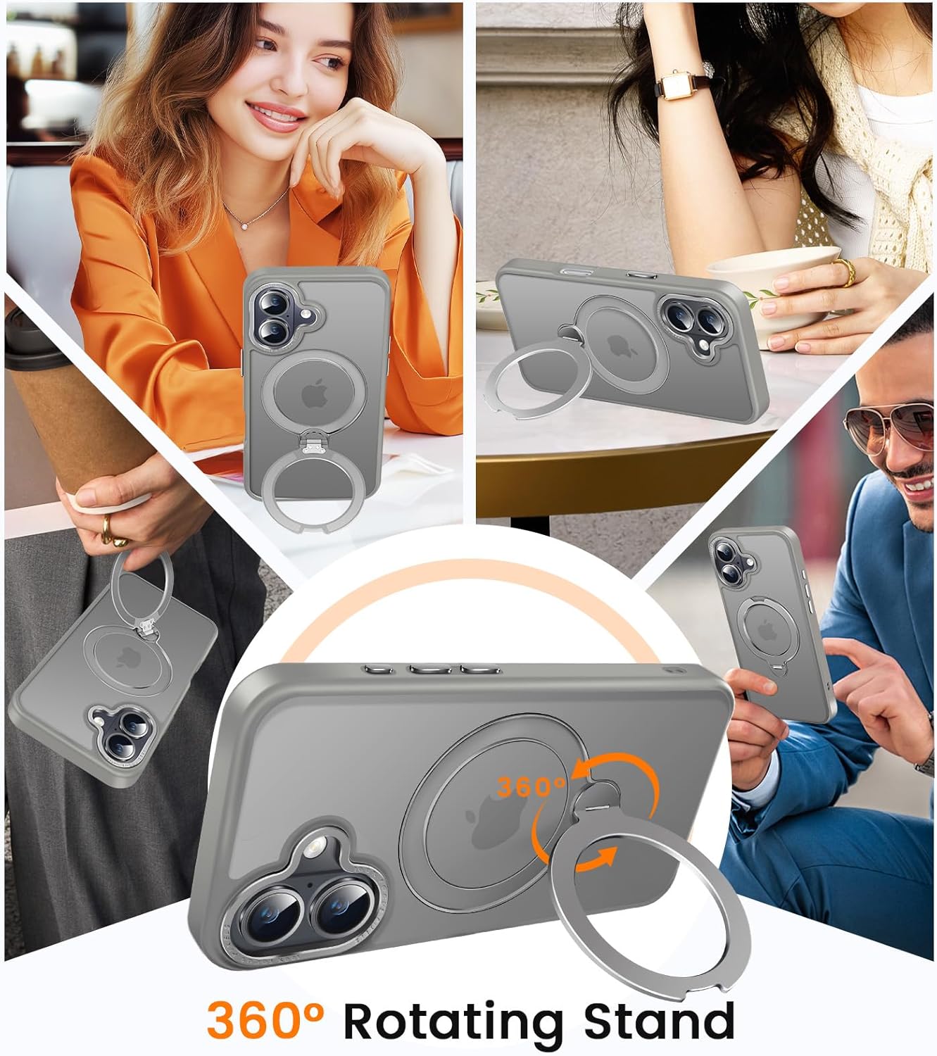 360° Spin Magnetic Stander for iPhone 16 Case [Compatible with Magnetic] [Built-in Kickstand] Mil-Grade Protective, Matte Non-Slip for iPhone 16 Phone Case(Gray)