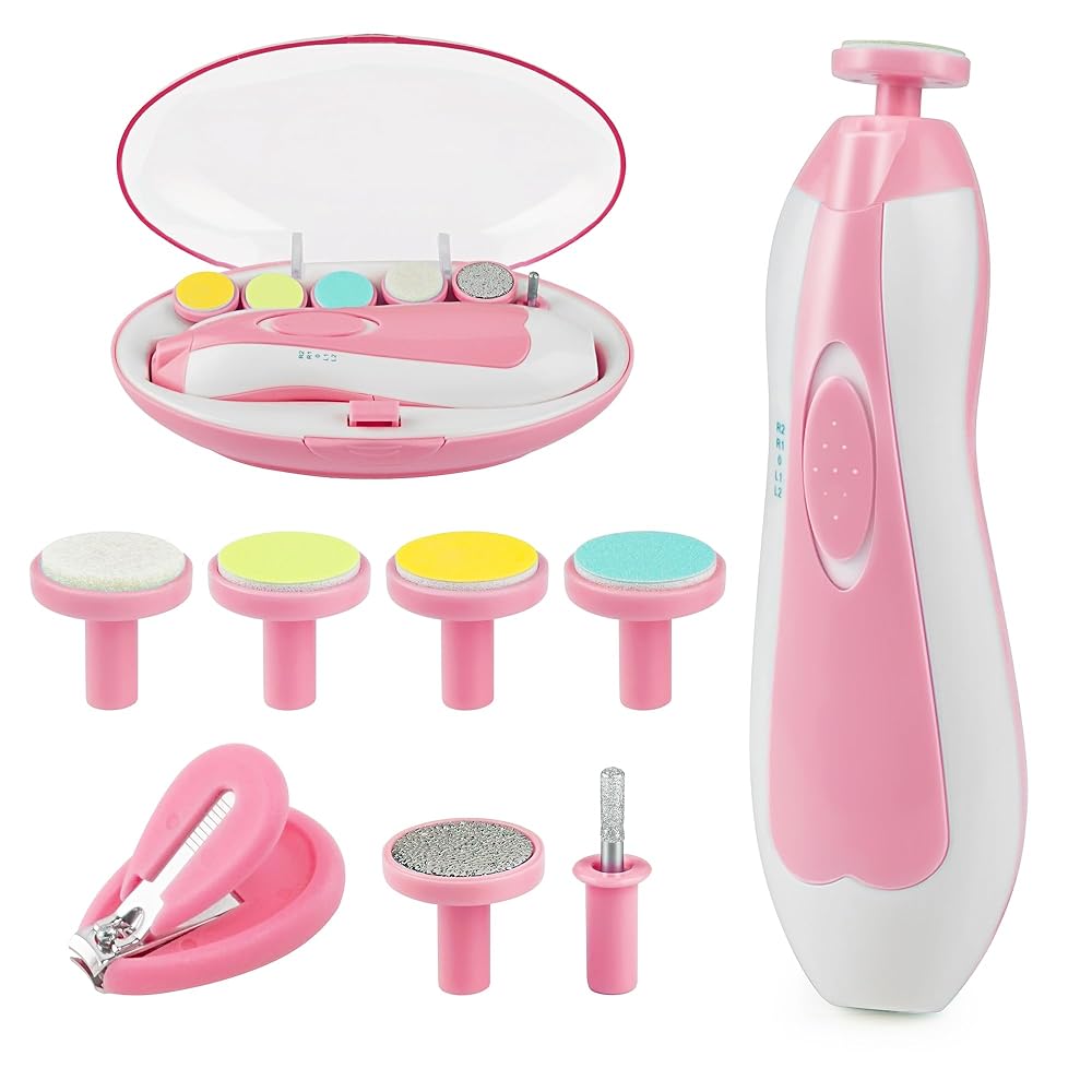 OTTOLIVES Baby Nail Trimmer Electric Newborn Toddler, Safe Baby Nail Clippers Set with Light and 6 Replacement Heads, Baby Nail File Trim Polish Toes Fingernails Care Infant Essentials (Pink)