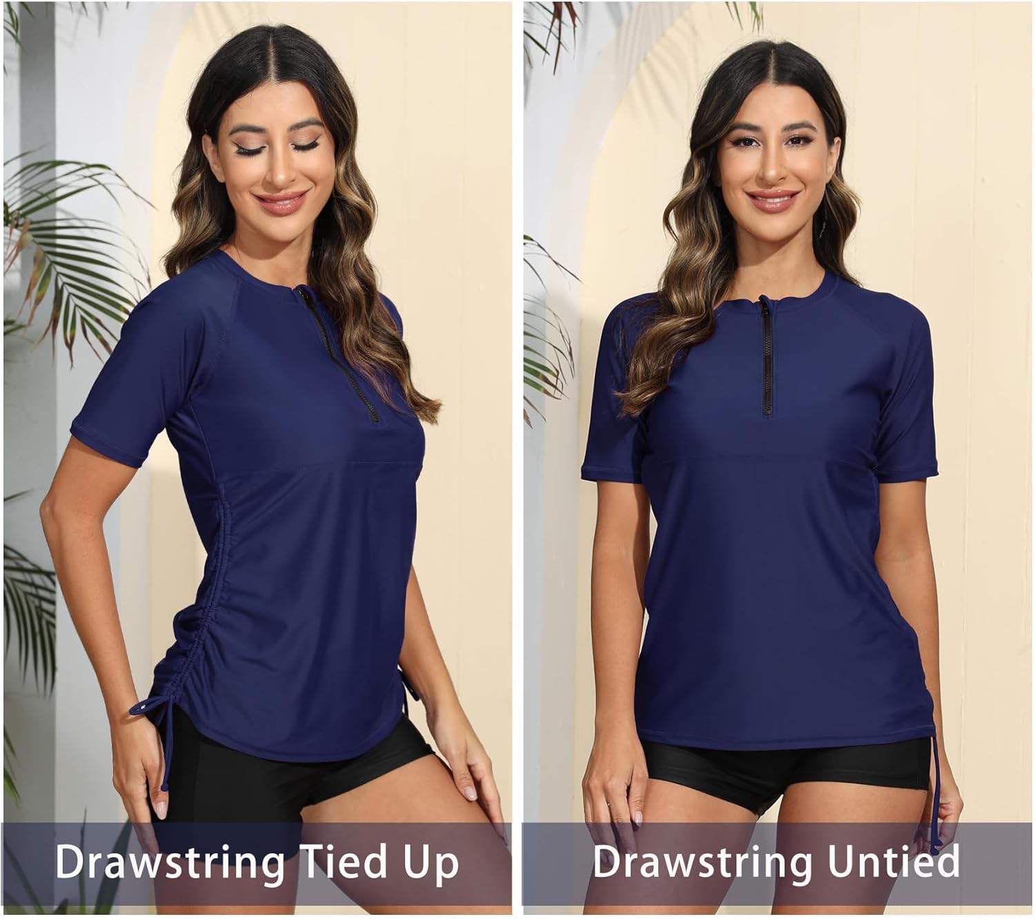 Halcurt Women's Half Zip Short Sleeve Rash Guard Swim Shirt with Tie Drawstring UPF50+ Swimsuit Top - Image 5