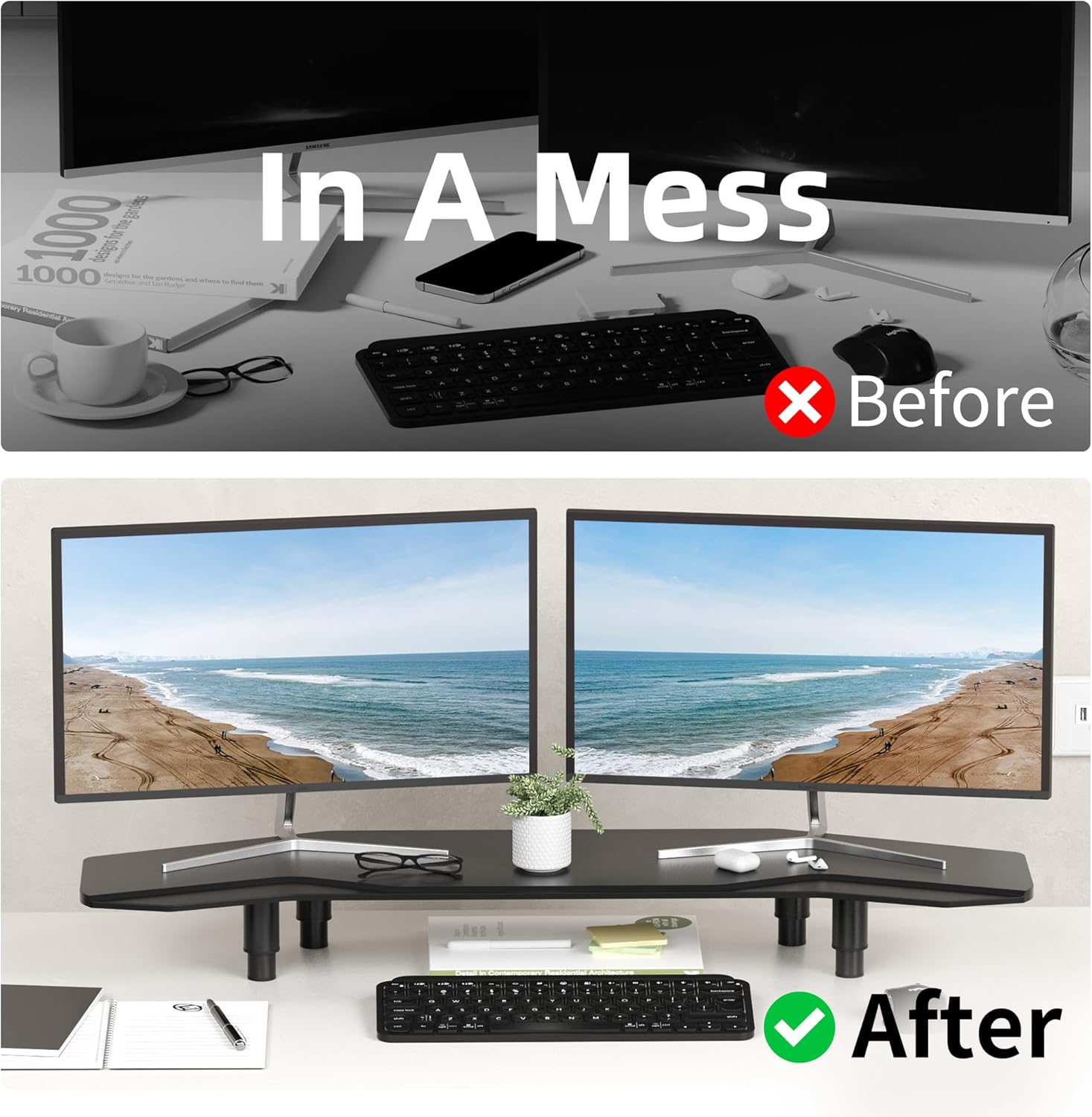 AFOOYO 39.4 Inch Dual Monitor Stand Riser Black,Plane Wing-Shaped Sturdy Computer Desk Riser for 2 Monitors, Adjustable Length and Wood Monitor Stand for Laptop, Computer,Extra Long