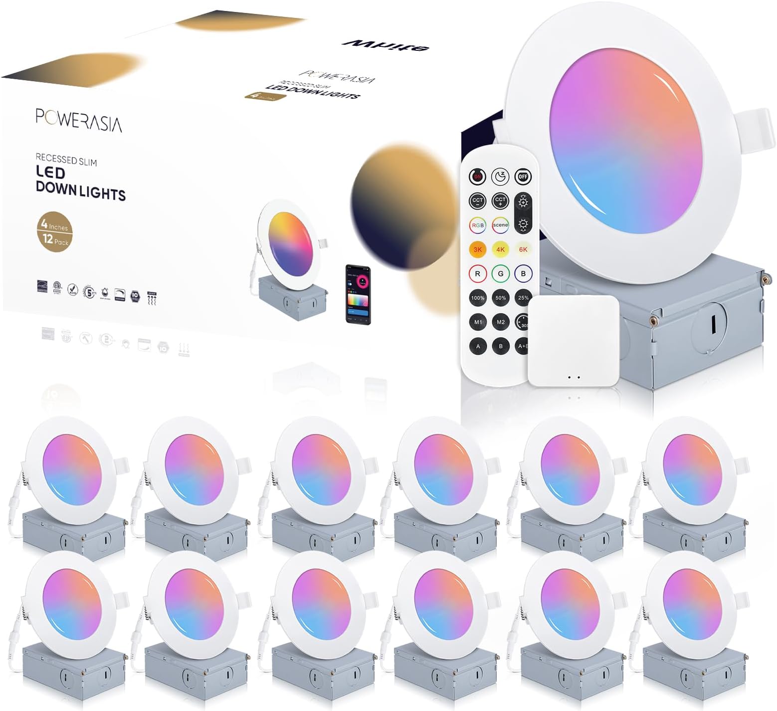 POWERASIA 12 Pack Smart Recessed Lighting 4 Inch, Ultra-Thin LED Recessed Lighting 9W 700LM Smart Downlight with Junction Box, Compatible with Alexa/Google Assistant - ETL and Energy Star Certified