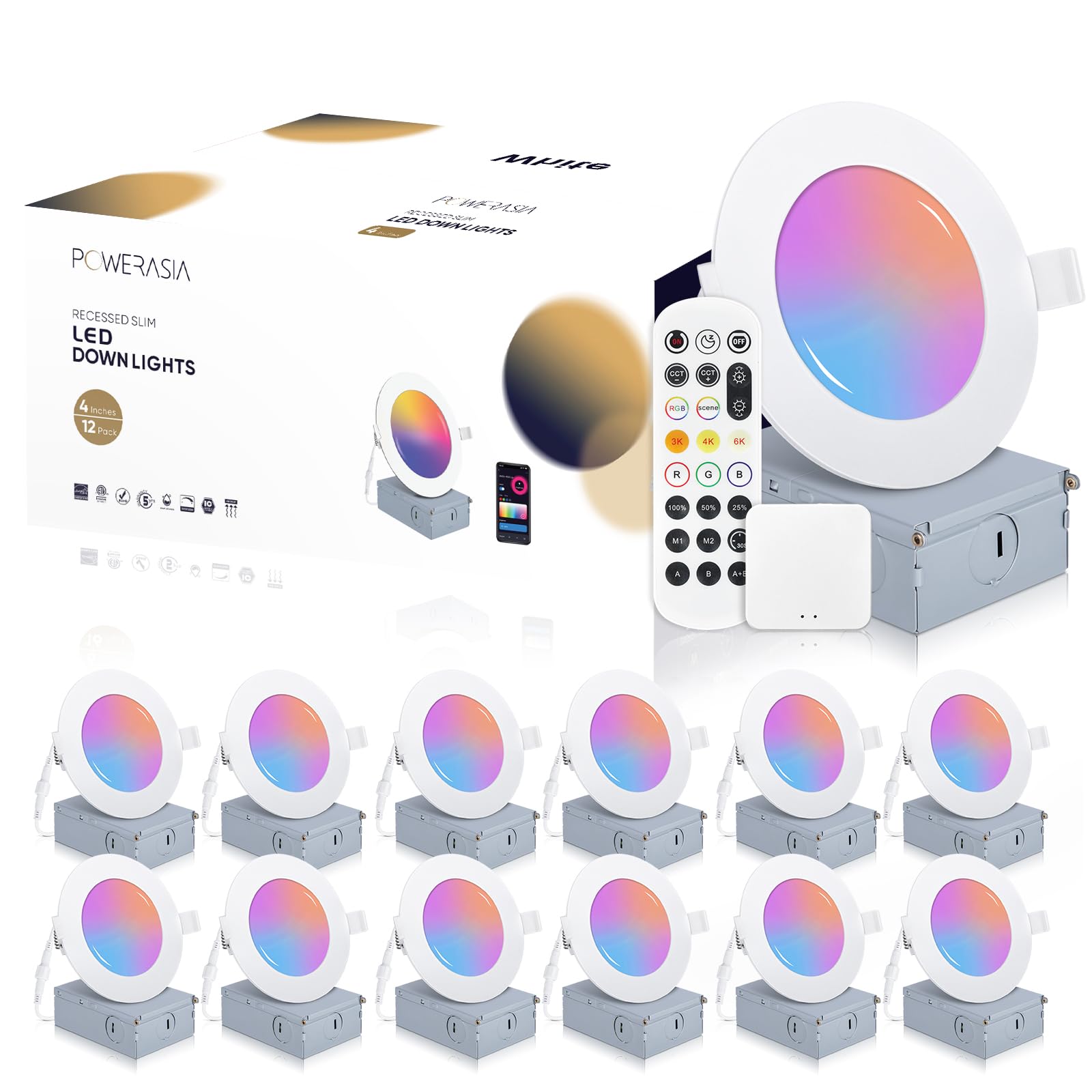 12 Pack Smart Recessed Lighting 4 Inch, Ultra-Thin LED Recessed Lighting 9W 700LM Smart Downlight with Junction Box, Compatible with Alexa/Google Assistant - ETL and Energy Star Certified