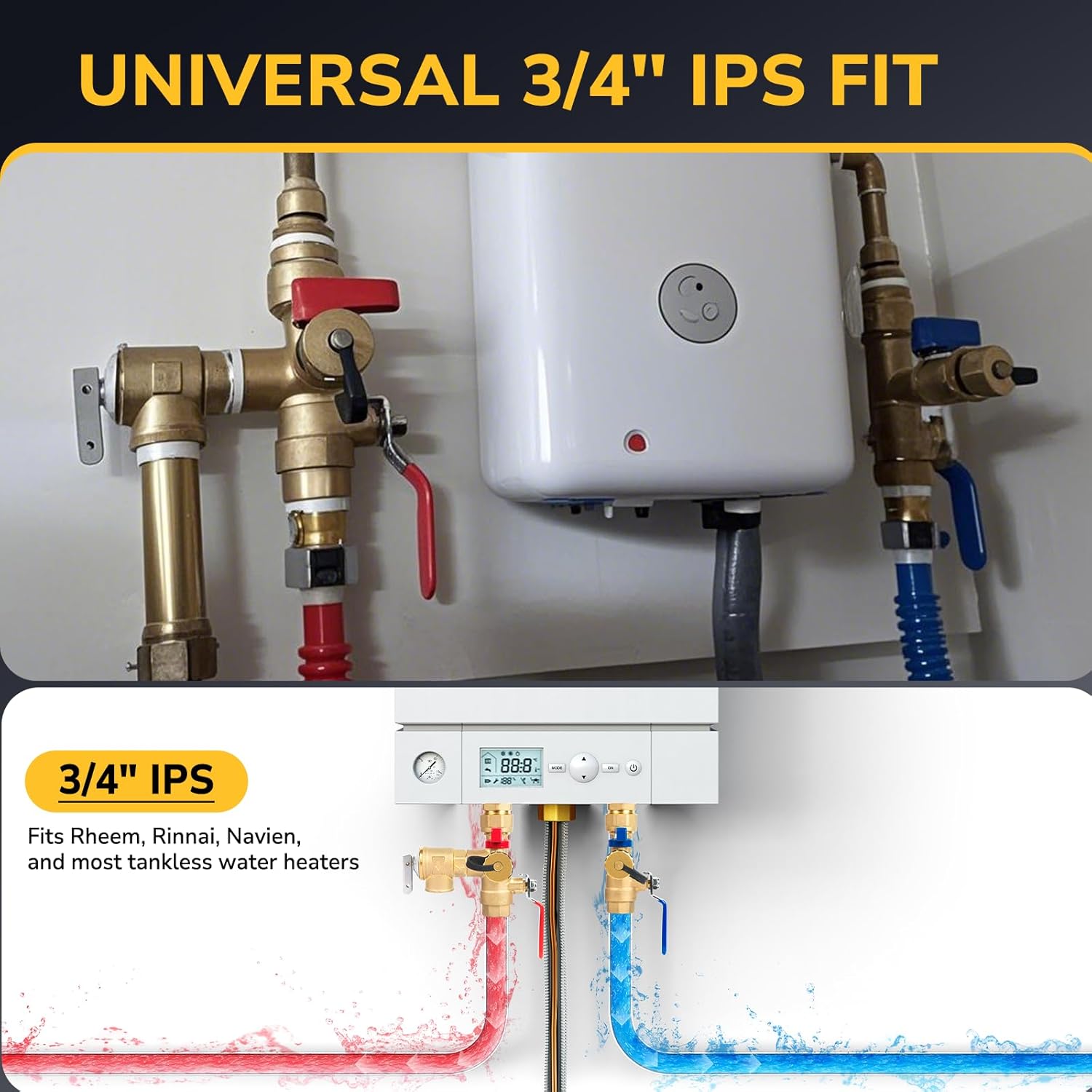 Tankless Water Heater Service Valve Kit, 3/4 Inch IPS Isolator Set with Pressure Relief Valve, Hot & Cold Shut-Off Valves, Lead-Free Premium Brass, Compatible with Rheem, Rinnai, Navien
