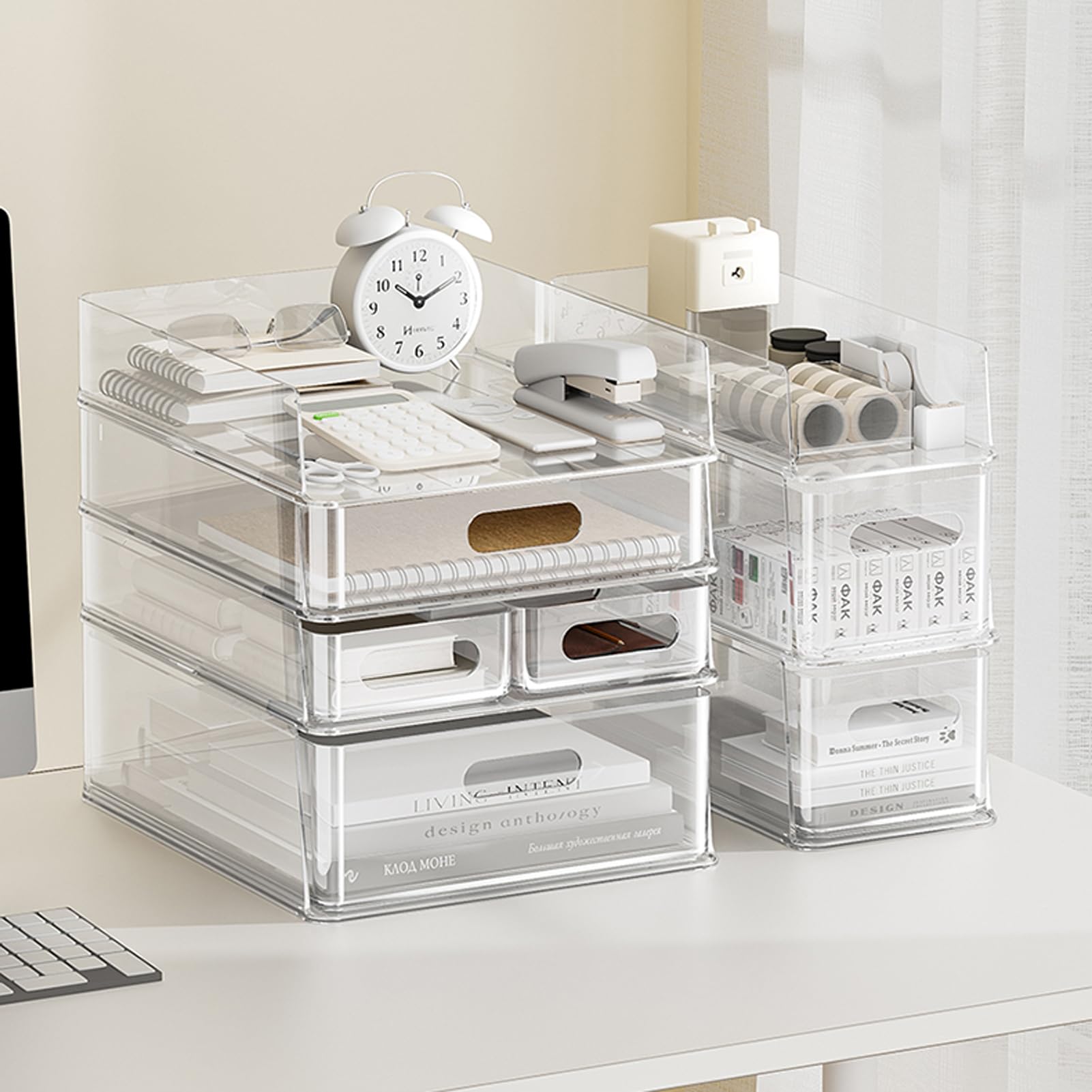 MineSign 2 Pack Desk Organizer with Drawers Stackable Paper Letter Tray for Office Organization Multi-functional Plastic Storage Box for Office Supplies Makeup Jewelry Beauty Accessories