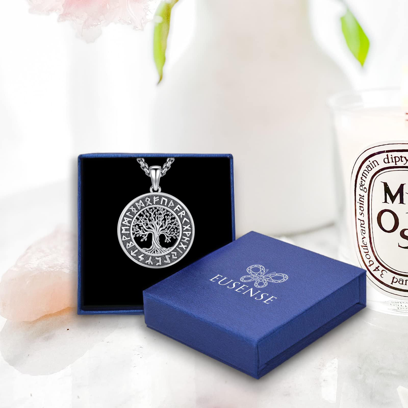 Eusense Wikinger Schmuck 925 Silber Viking Halskette Geschenke Amulett Nordische Mythologie Anhänger Geschenk für Herren Damen