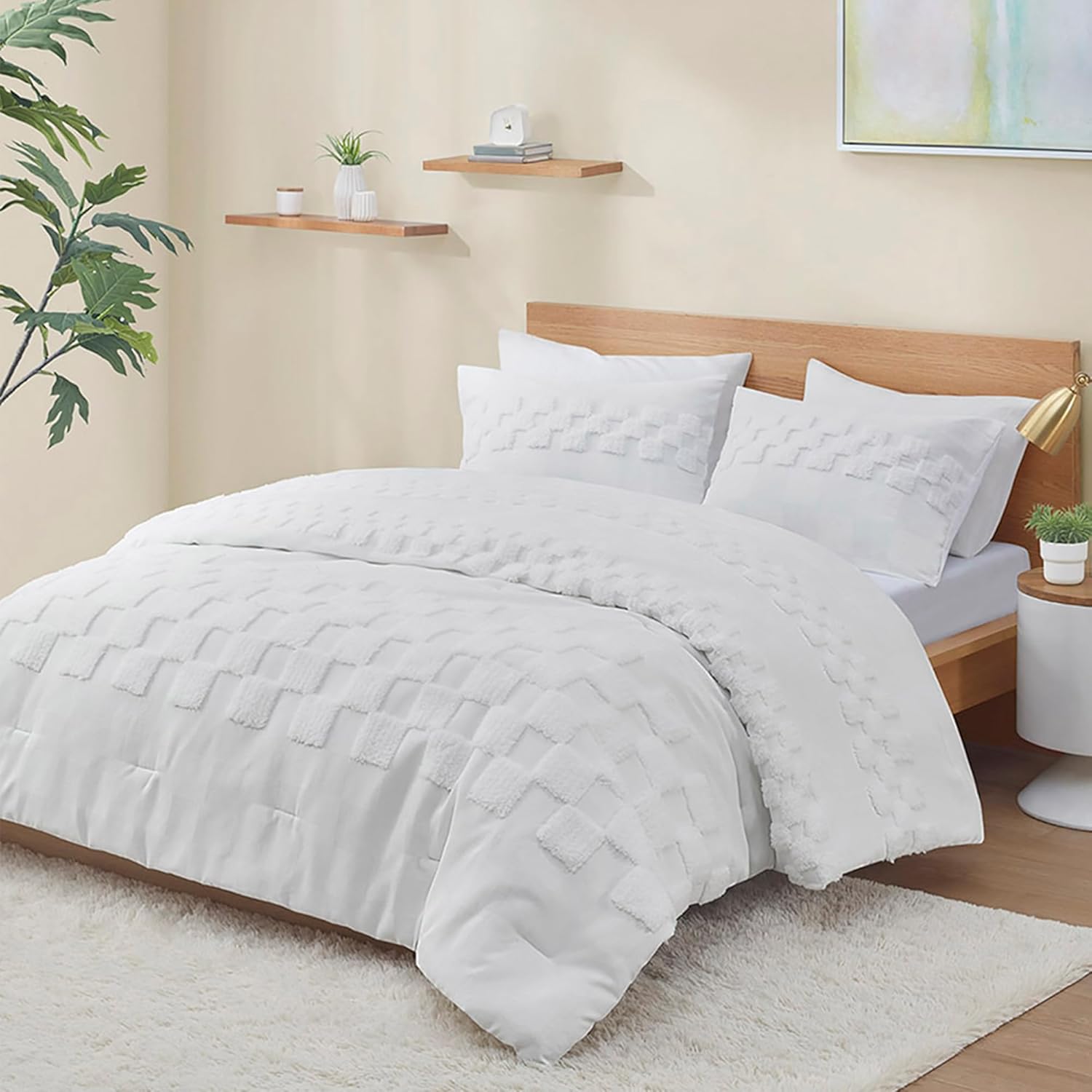 Urban Habitat King Size Comforter Set Cal King Comforter Sets Luxury Chic Bedding Set Winter Warm All Season Textured Chenille Clipped Checkered Design Cover King California King Off White 3 Piece