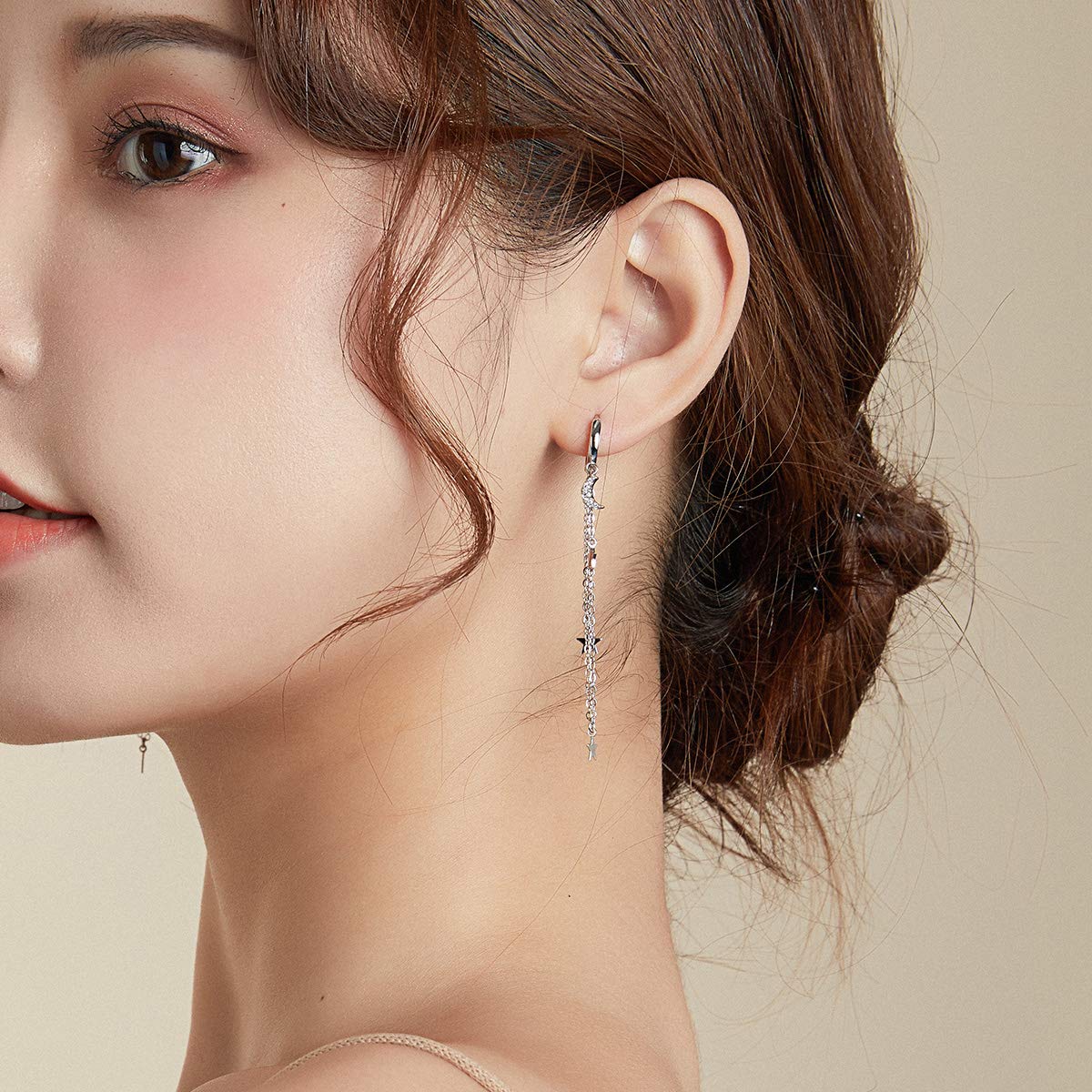WBDWWTD Pendientes de Plata de Ley 925 con borlas de Estrellas y Luna para Mujer