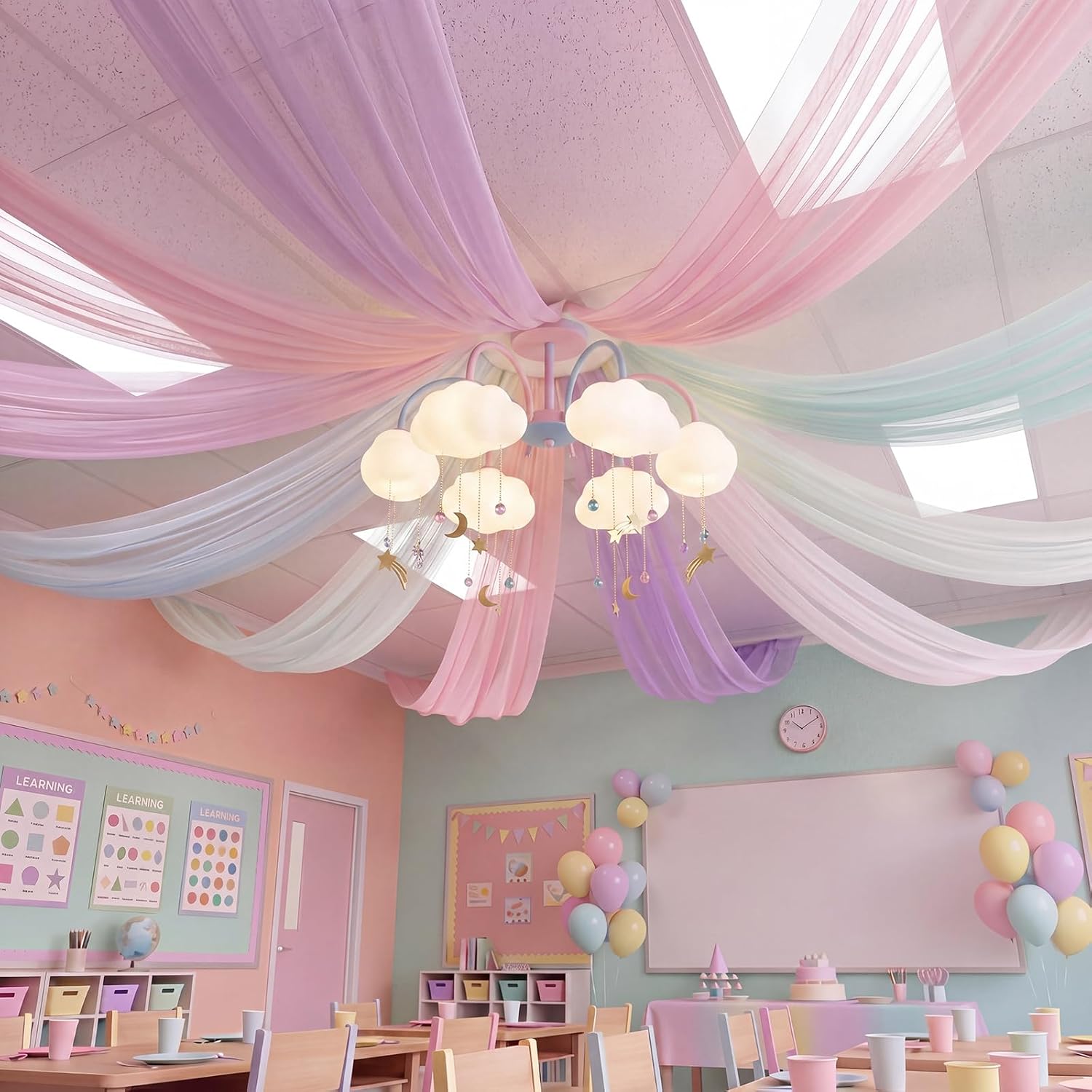 6 Pcs Pastel Rainbow Ceiling Decor 5x10ft Pastel Rainbow Tulle Backdrop for DIY Back to School Classroom Birthday Wedding Bride Baby Shower Unicorn Party Hanging Decorations