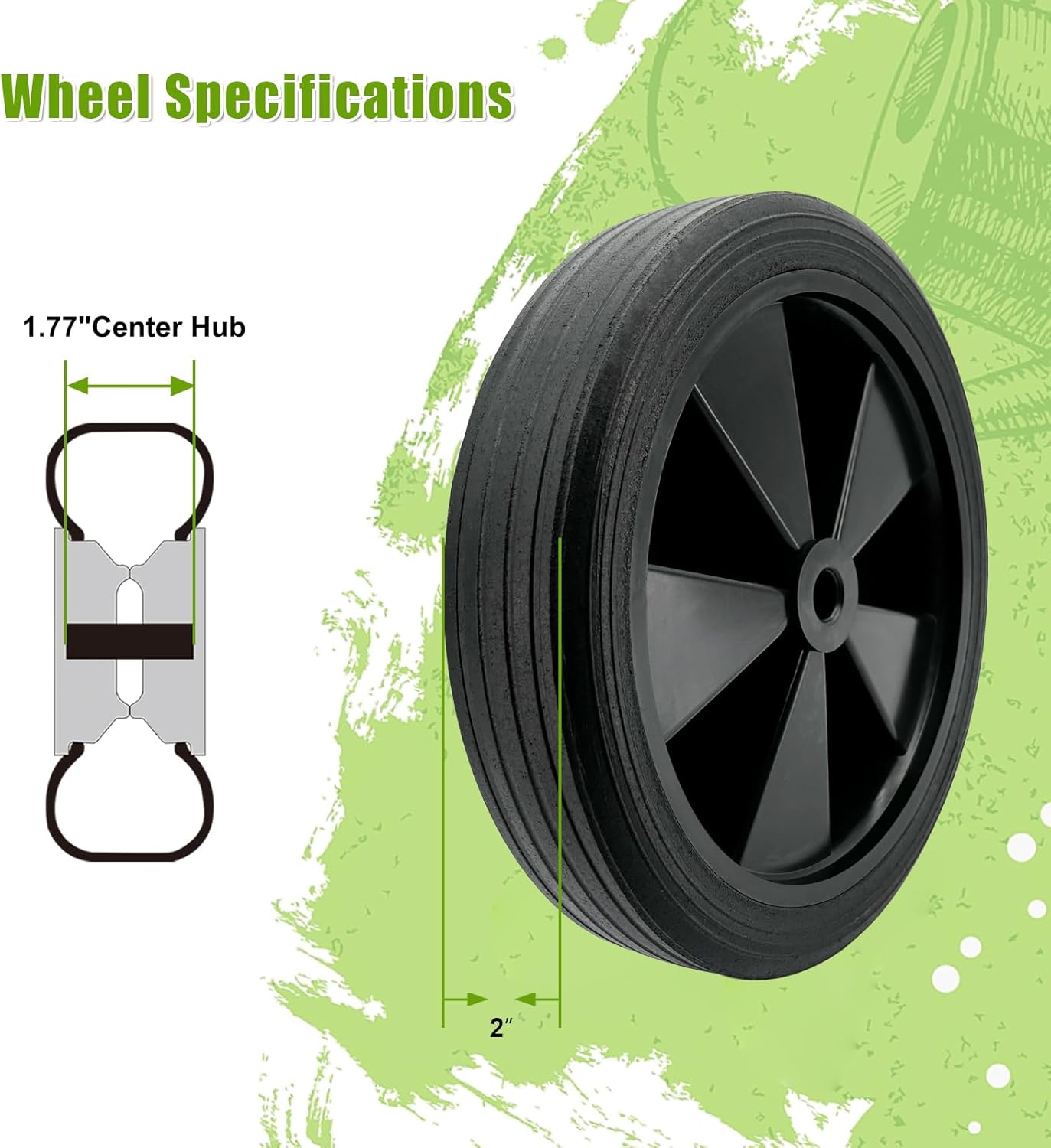2-Pack 10x1.75 Solid Rubber Wheel Assembly，1-3/4”Centered Hub with 5/8”Axle Bore Hole,10 Inch Ribbed Tread Wheel for hand trucks Utility Carts, lawnmowers Replacement.