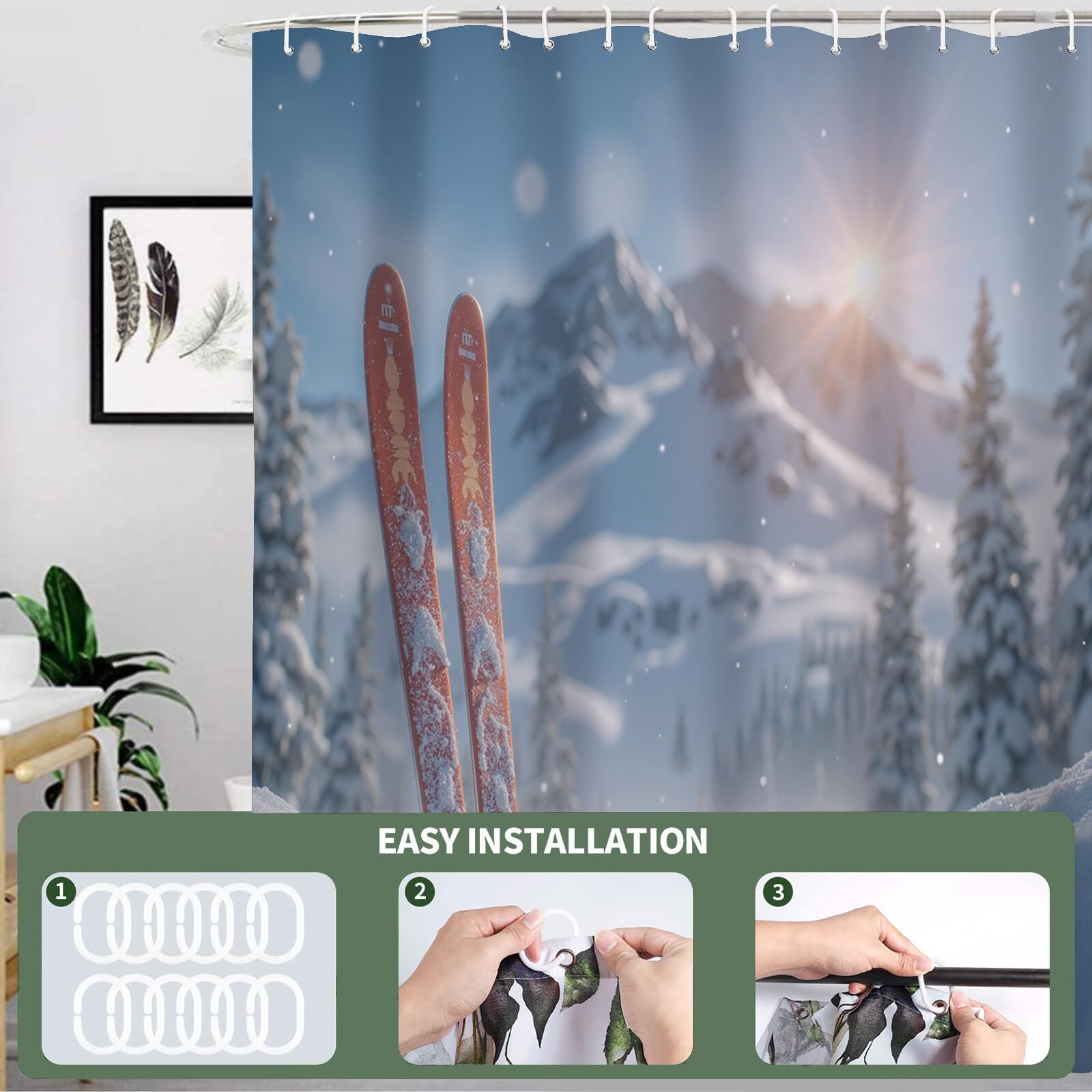 Rideau Douche,Rideau Baignoire Lavable en Machine Rideaux Douche Tissus Lavable Rideau De Baignoire Lavable pour Salle De Bain Domicile Baignoire Famille,Champ De Neige De Montagne,