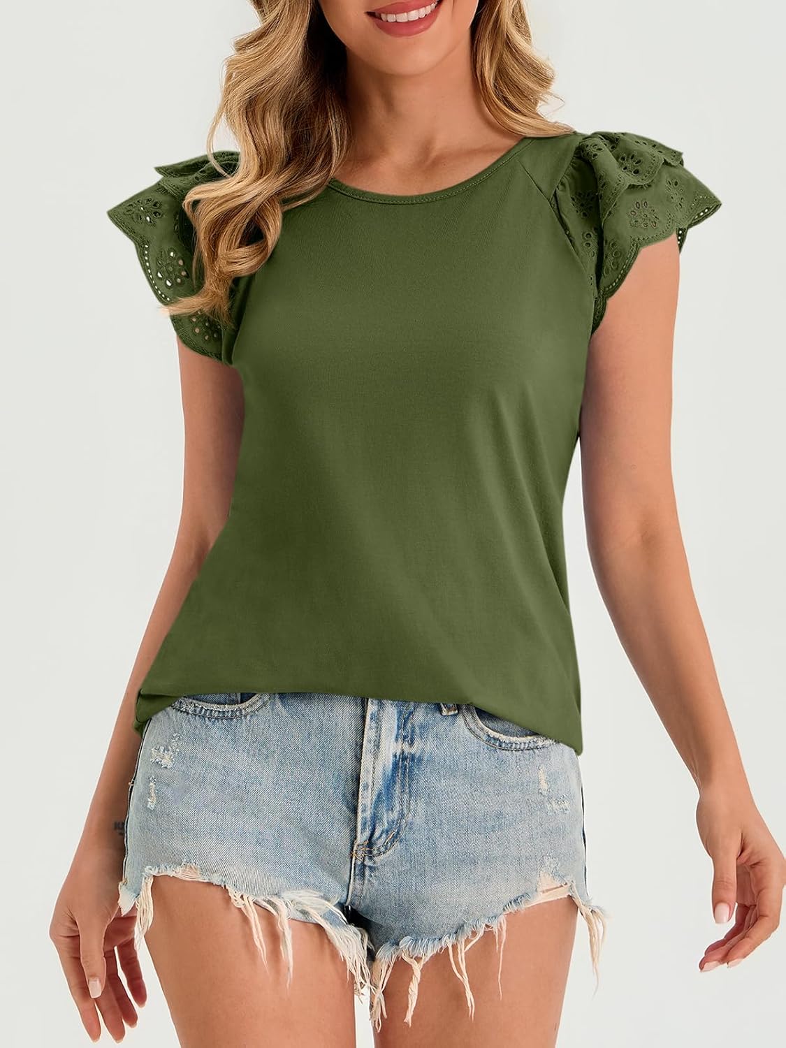 Cicy Bell Womens Ruffle Cap Sleeve T-Shirts Dressy Casual Summer Lace Tank Tops Crewneck Cute Basic Tee - Image 6