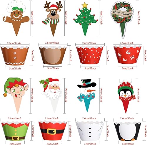 Miniatura 2 de Blulu 96 piezas de decoraciones de fiesta de Navidad, decoración de cupcakes, envoltura de Papá Noel, muñeco de nieve, reno, elfo, pingüino, árbol