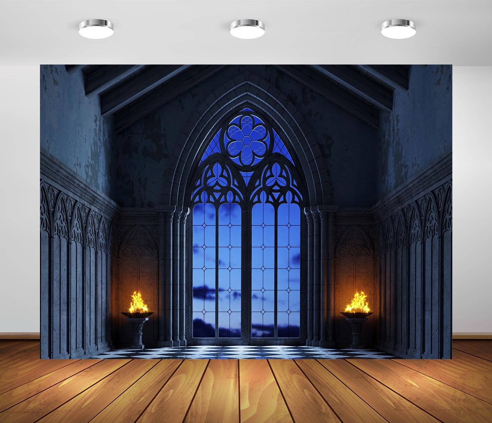 BELECO 12x10ft Fabric Dark Medieval Castle Backdrop Cathedral Interior Gothic Arch Window Torches Grey Arch Wall Background Abandoned Castle Ghost
