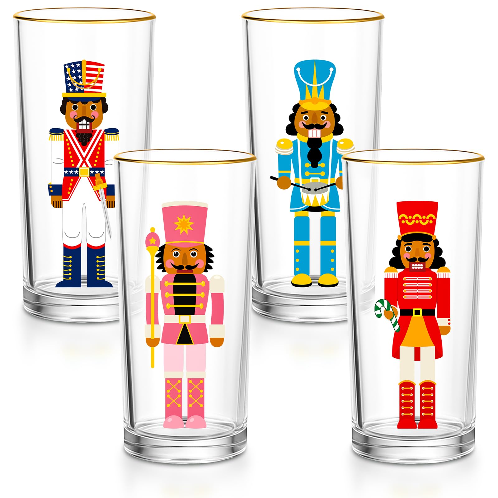 4 Pcs Christmas Highball Glasses 15oz Nutcracker Gold-Rimmed Whimsical Holiday Glasses Christmas Dinnerware for Beverage Sparkling Wine and