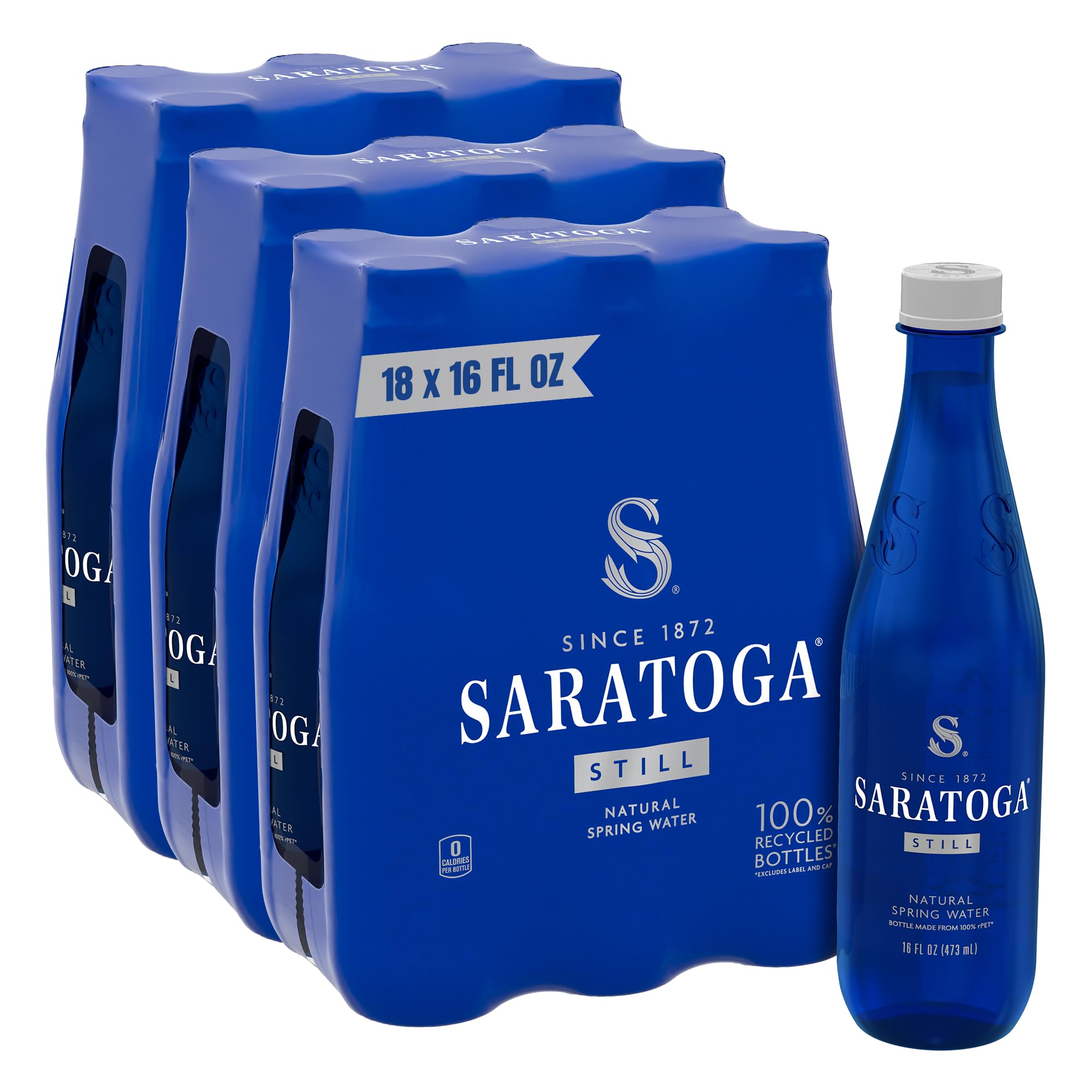 Saratoga Spring Water Bottles, 18 Pack – Still Bottled Water – Recycled PET Plastic Bottles – 16 Fl Oz