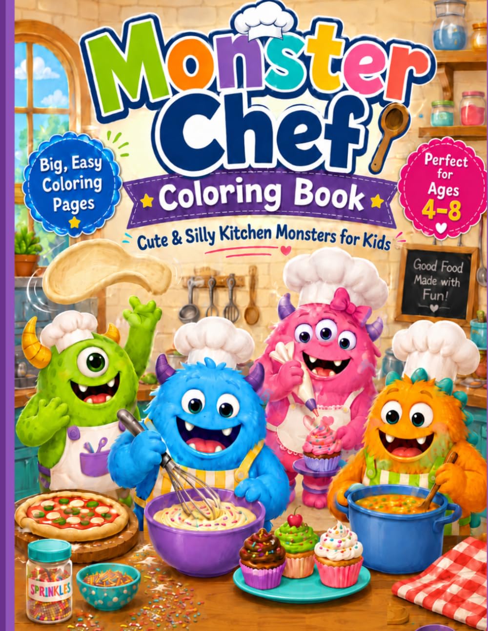 Monster Chef Coloring Book: Cute & Silly Kitchen Monsters for Kids, Big, Easy Coloring Pages, perfect for ages 4-8, Easy to color scenes