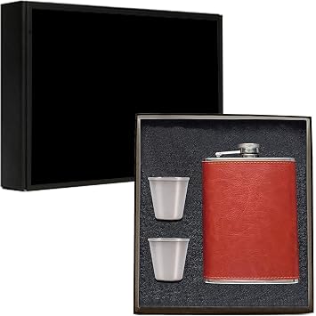 8oz Hip Flask for Liquor, Leather Wrapped Flask Alcohol with Shots, Brown
