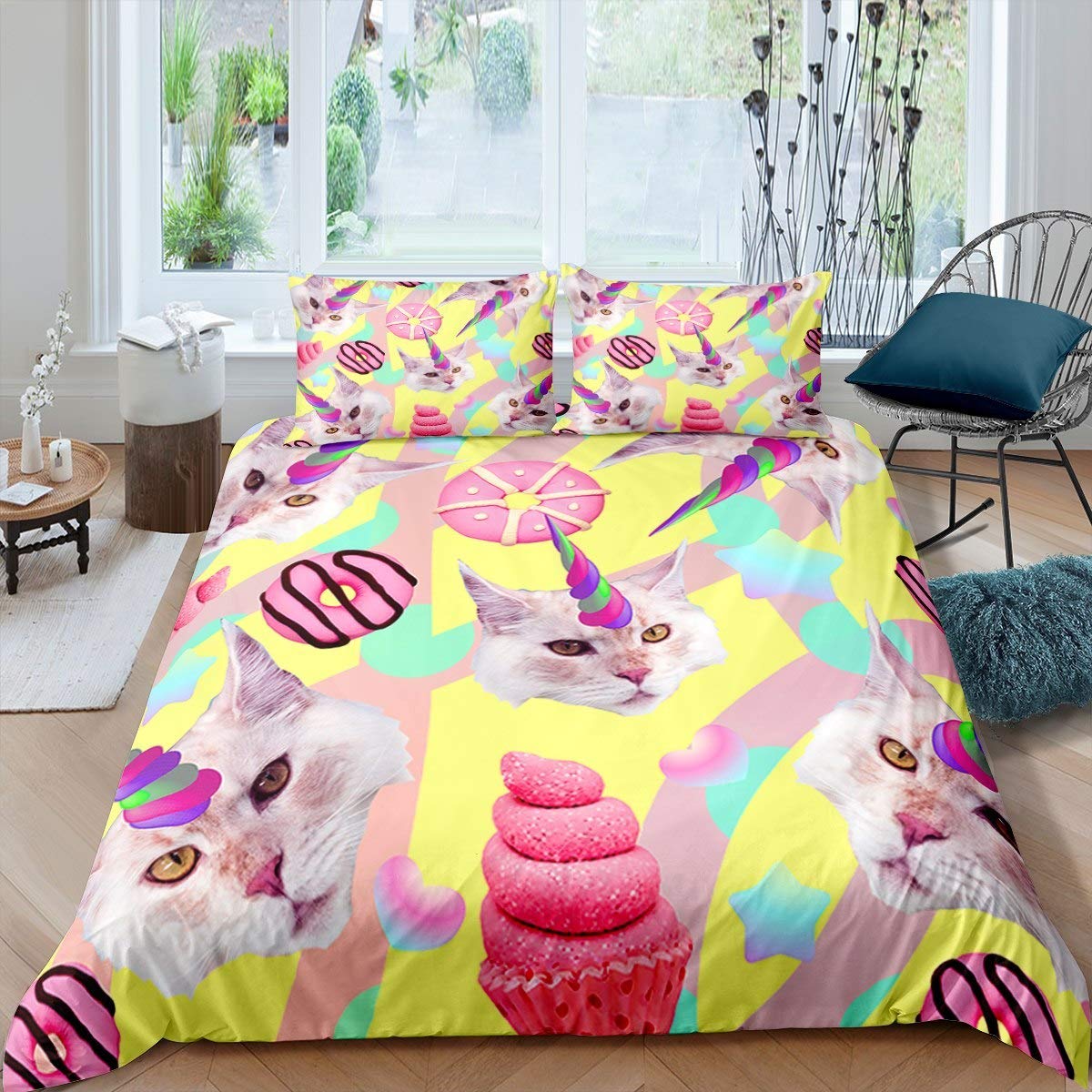 Girly Bedding Set Unicorn Cat Comforter Cover for Girls Kids Teens Youth, Cute Cartoon Magical Animal Pint Duvet Cover, Cat Lover's Gift Cat with Dessert Decor Bedspread Cover Double, Candy Color — image 1