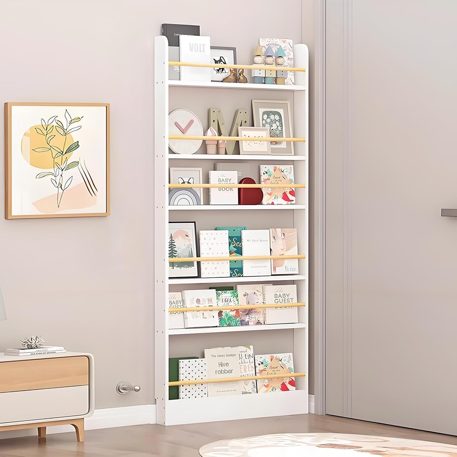 Photo 1 of ** dent/scrape damage** Behind The Door Bookshelf for Kids Room - Childrens Bedroom Wall Small Hidden Hanging Wood Bookcase Toy Storage Shelves Shelving Furniture,6 Tier-31.5"Lx3.9"Dx70.1"H
