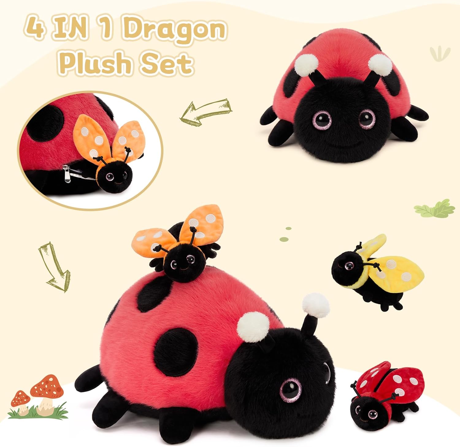 MaoGoLan 4Pcs Ladybug Stuffed Animal,Kawai Mother Ladybird Plush Toys Pillow with 3 Small Baby Lady Beetle Plushie Gift for Insect Lover,Decorations,Party Favor,Baby Shower,Glow-in-Dark Design