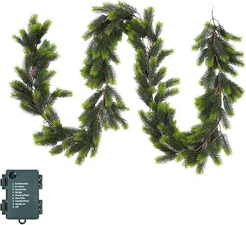 Guirnalda de pino de tacto real de 9 pies con luces, guirnalda de vegetación artificial realista para escaleras, chimenea, porche, mesa, decoración