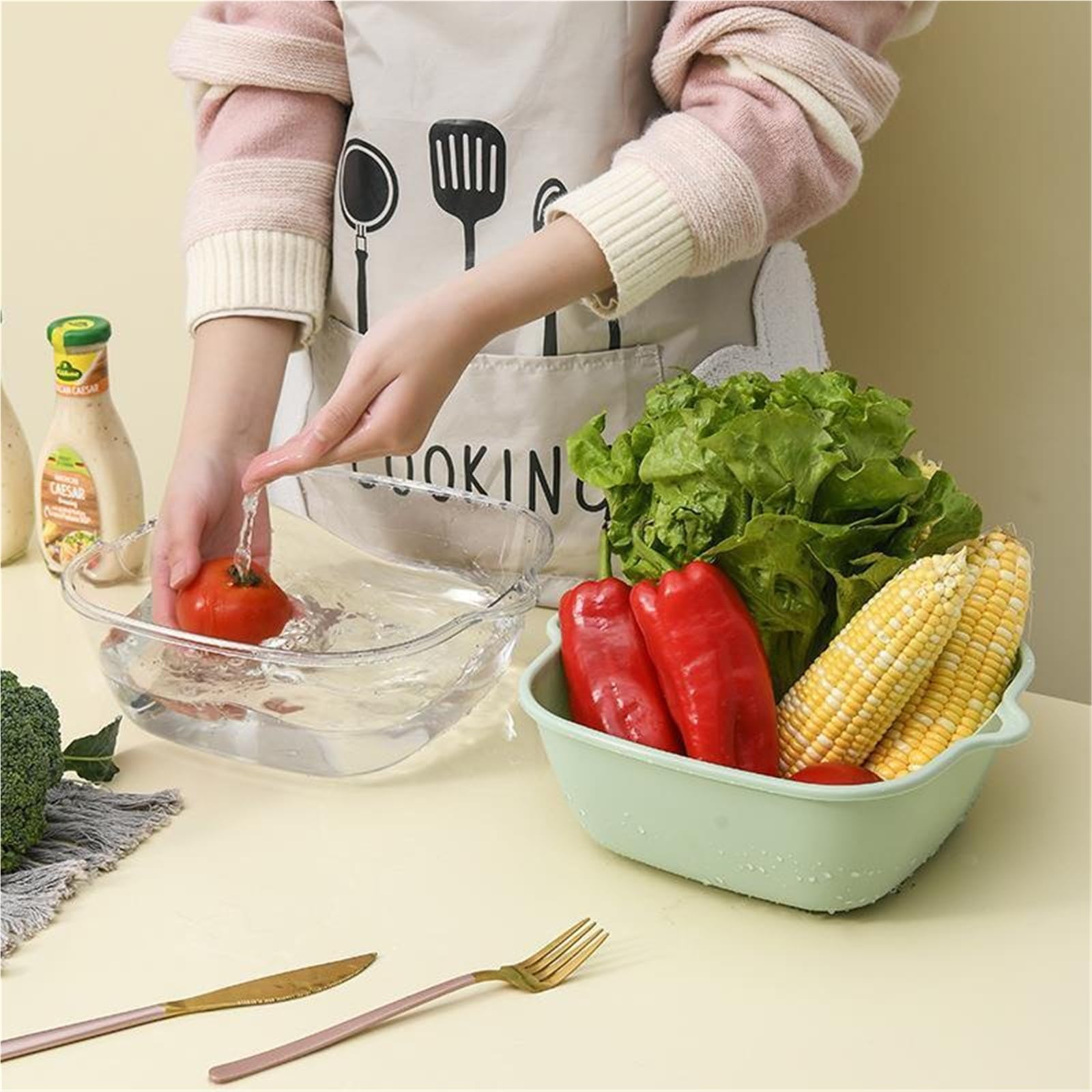 Cuenco de cesta drenaje doble silicona for cocina, 3 uds Para Cocina | Cesta de almacenamiento for lavado, coladores, cuencos, escurridor, colador de limpieza de verduras, herramienta(Yellow)