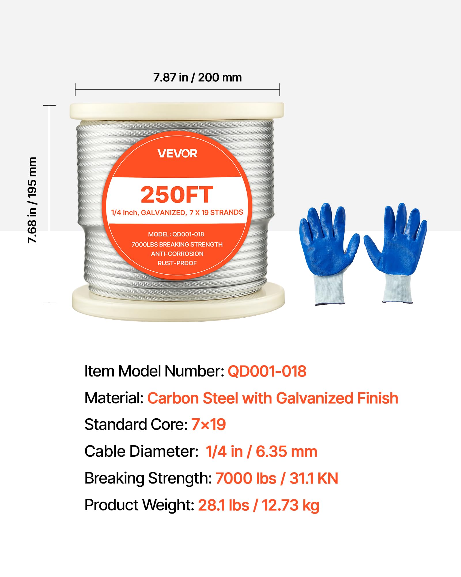 VEVOR Cable de Acero al Carbono Galvanizado 6,35 mm, Rollo de Cuerda de Alambre 76,2 m, Resistencia a la Rotura de 31,1 KN Construcción de 7x19 para Barandillas de Terraza, Enrejados de Jardín