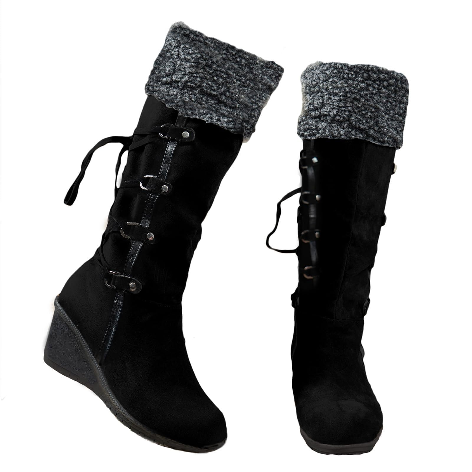 Womens Suede Knee High Boots Fashion Outdoor Winter Warm Fluffy Furry Snow Booties Lace up Wedge Heel Mid