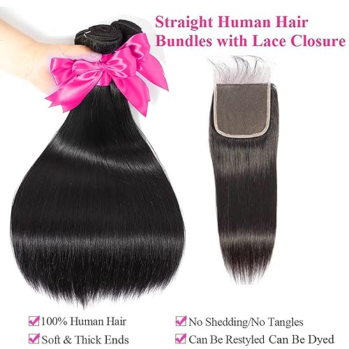 Miniatura 2 de Paquetes de cabello humano brasileño lacio con cierre de 24, 26, 28+22, paquetes de cabello humano brasileño con cierre, 100% sin procesar,