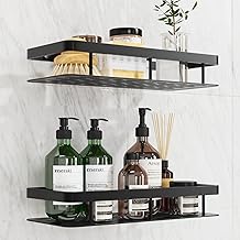 No Drilling Shower Shelf: Bathroom Accessories 2 Pieces with 4 No-Drill Adhesive Pads and 2 Pack Installation Screws - Bathroom Storage (Black)