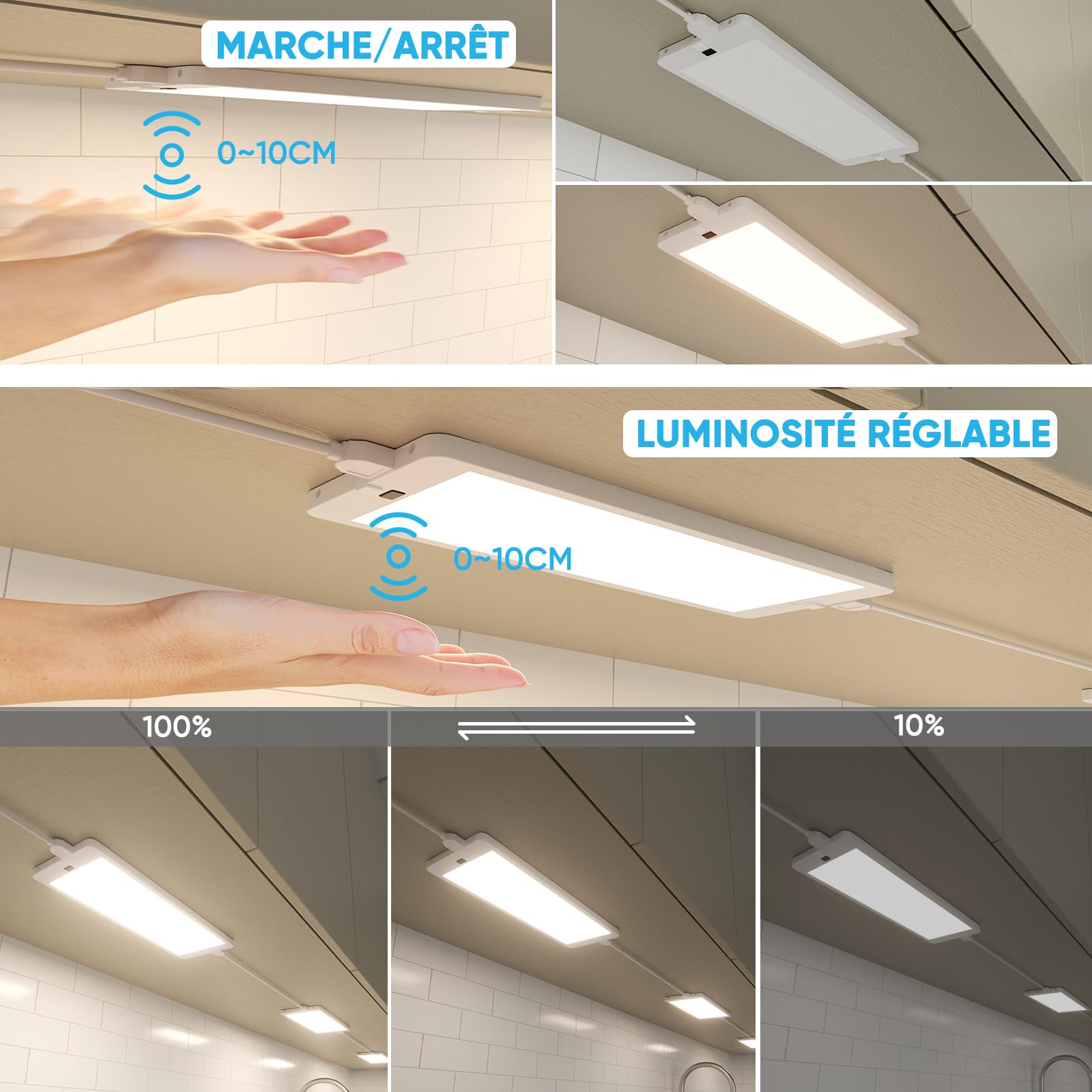 Lampes Plat LED sous Meuble Plan de Cuisine Dimmable avec Interrupteur à Capteur sans Contact, Éclairage pour Plan de Travail Cuisine, 3 Lampes, 5 Couleurs Éclairage, Entrée 230V
