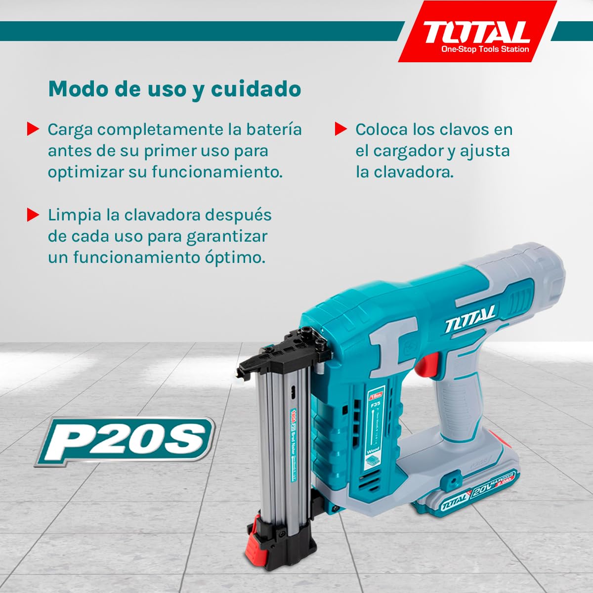 Total - Clavadora a Batería 20V - Pistola de Clavos para Carpintería y Bricolaje - Incluye Batería de 2Ah, Cargador y Maletín - Rápido Ritmo de Clavado y Diseño Compacto para Uso sin Cables